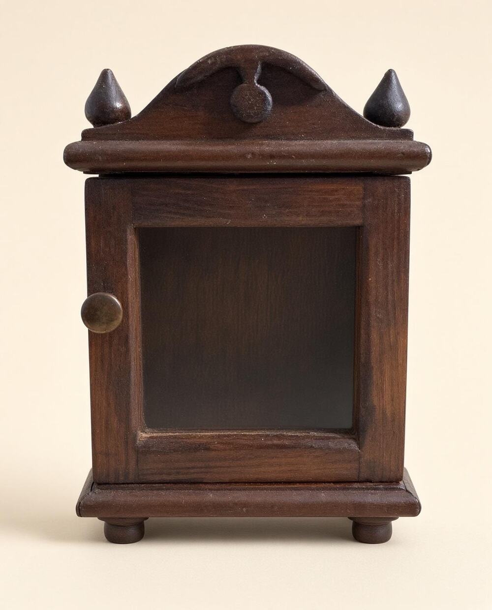 Small Wood Watch Cabinet, Glass Door Brass Knob, Single Open Interior